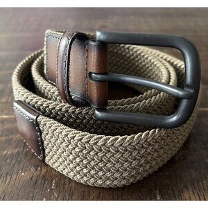 Classic Woven Mens Belt With Leather Stitched Ends Size L 42/44, Brown & Beige